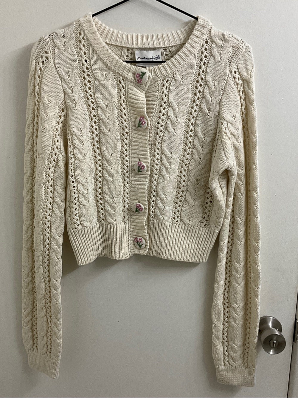Freshman Cream Cable-Knit Floral Button Cardigan